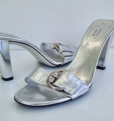 Gucci Silver Leather Mules Slip On Heels 38C